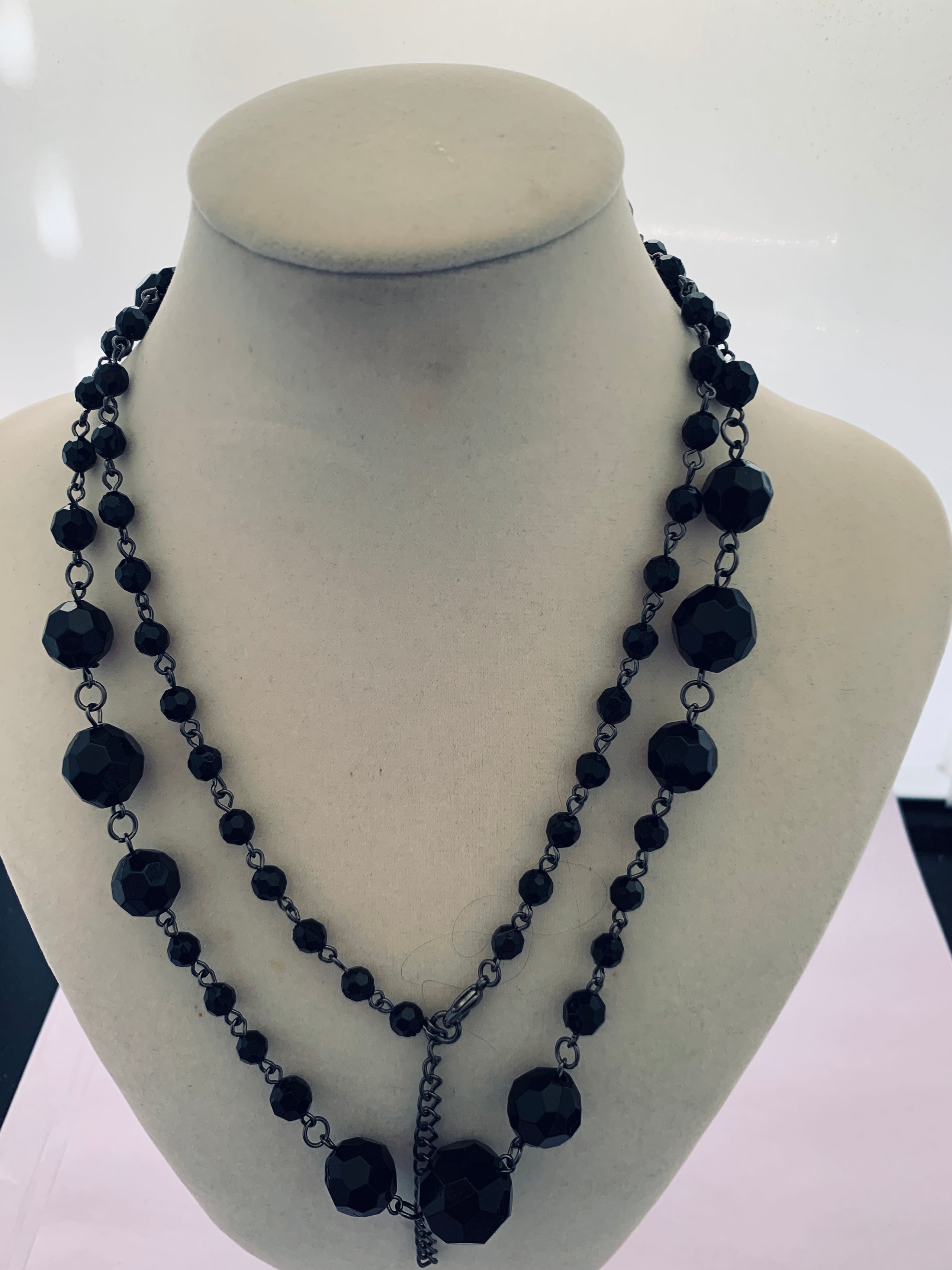 Opera length black beaded necklace